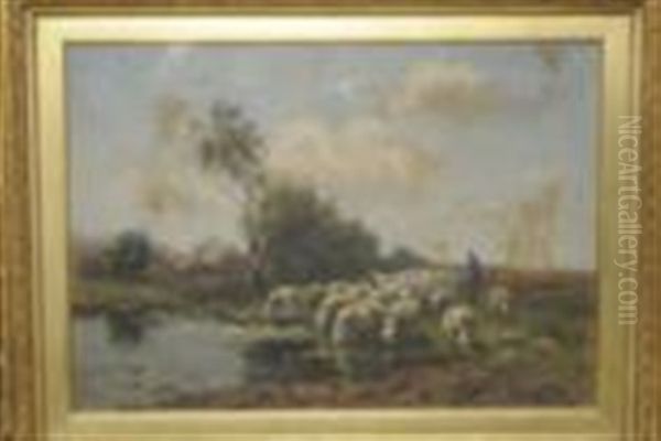 Shepherd And Sheep Beside A Pond - view 1