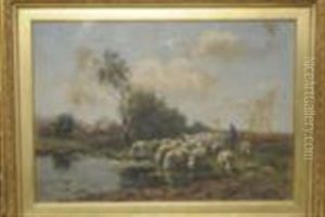 Shepherd And Sheep Beside A Pond by Johannes Karel Leurs