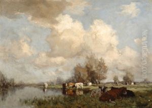 Cows By The Water's Edge by Johannes Karel Leurs