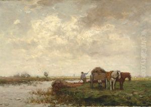 Landscape With A Farmer By A Canal With A Hay Cart by Johannes Karel Leurs
