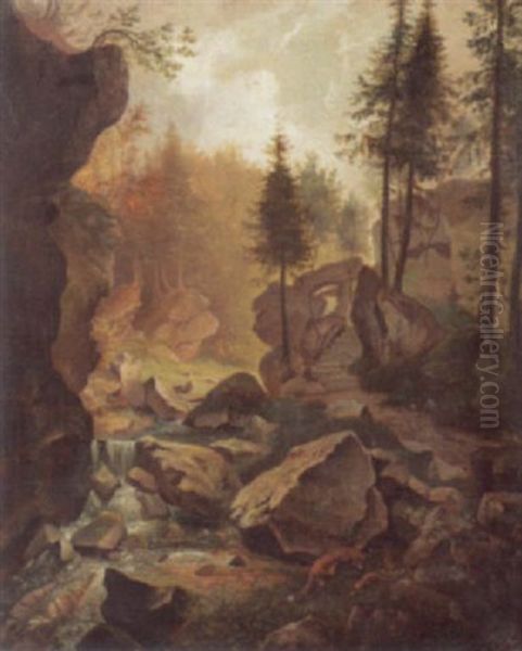 Felsige Waldlandschaft Mit Fuchsen An Einem Bach - view 1