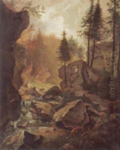 Felsige Waldlandschaft Mit Fuchsen An Einem Bach by Franz Wilhelm Leuteritz