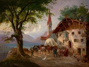 Vierspanniges Fuhrwerk Und Figurenstaffage Mit Rastenden Reisenden Vor Malerischem Gasthaus Am Seeufer
