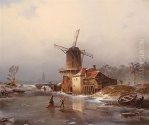 Windmuhle An Einem Winterlich Zugefrorenem Kanal by Friedrich August De Leuw