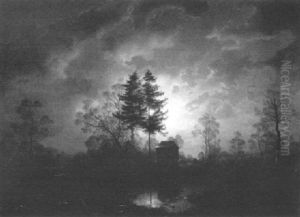 Landschaft Mit Gefrorenem Weiher Im Mondlicht Landschaft Mit Gefrorenem Weiher Im Mondlicht