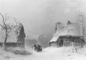 A Stormy Winter Landscape With Figures On A Snowy Village Street by Friedrich August De Leuw