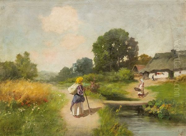 Sommerliche Landschaft Mit Bauerin Vor Ukrainischem Dorf - view 1