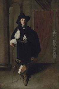 Portrait Of A Gentleman, Full-length, In A Black Coat And Hat Holding A Cane In His Right Hand, In A Draped, Colonnaded Interior by Jacobus Levecq