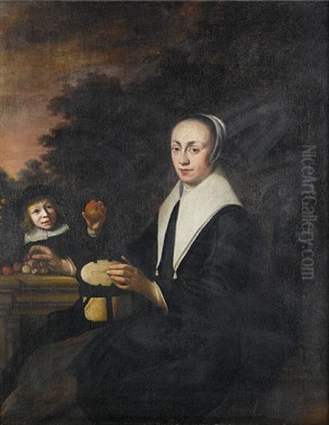 Portrait Of A Gentleman Seated In A Landscape (+ Portrait Of A Lady And A Young Boy Playing With Apples; 2 Works) - view 1