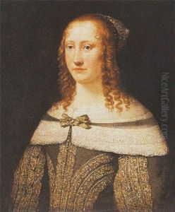 A Portrait Of A Lady Wearing A Green Dress Adorned With Lace And A White Lace Collar by Jacobus Levecq