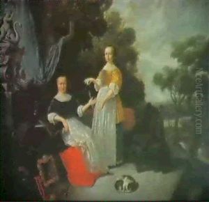 Two Elegant Ladies Near A Fountain On A Terrace