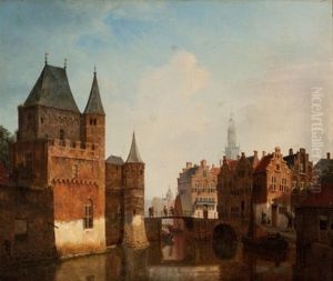 Village Canal Scene by Heinrich Jacob Levelt