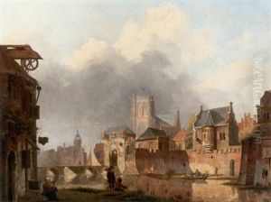 Blick Auf Eine Belgische Stadtpartie Mit Flus by Heinrich Jacob Levelt
