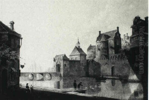 A Canal In A Dutch Town With Two Men Feeding Swans - view 1