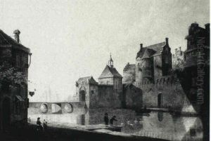 A Canal In A Dutch Town With Two Men Feeding Swans by Heinrich Jacob Levelt