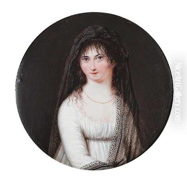 A Portrait Of A Young Woman In A White Dress With A Black Veil - view 1