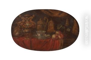 Nature Morte Aux Pieces D'orfevrerie, Pieces De Porcelaine, Pendule Et Peches by Reynaud Levieux