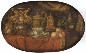 Nature Morte Aux Pieces D'orfevrerie, Pieces De Porcelaine, Pendule Et Peches by Reynaud Levieux