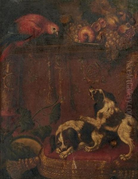 Deux Chiens Guettant Un Perroquet - view 1