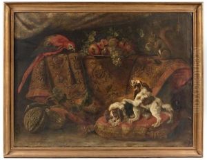 Nature Morte Avec Un Ara, Un Ecureuil Et Deux Epagneuls Nains by Reynaud Levieux