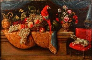 Nature Morte Aux Fleurs, Fruits Et Perroquet