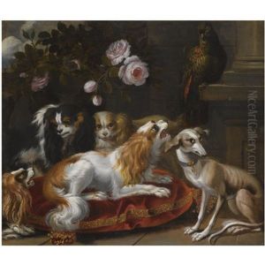 A Group Of King Charles Spaniels, A Whippet And A Parrot