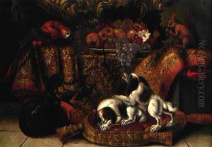 Nature Morte Aux Epagneuls Et Perroquet by Reynaud Levieux
