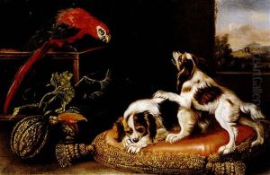 Naturaleza Muerta Con Loro Y Dos Spaniels