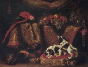A Still Life Of Fruit On A Plate, Resting On A Table Draped With A Carpet, Two Spaniels On A Cushion, & A Red Squirrel & Perroquet Nearby
