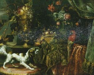 Nature Morte A La Coupe De Raisin, Bouquet De Fleurs, Ara Et Petit Chien by Reynaud Levieux