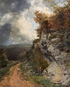 Jeune Fille Et Ses Chevres Dans Un Paysage De Montagne, "effet D'orage" by Theodore Levigne