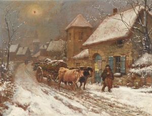 L'attelage De Boeufs, En Hiver A La Sortie Du Village by Theodore Levigne
