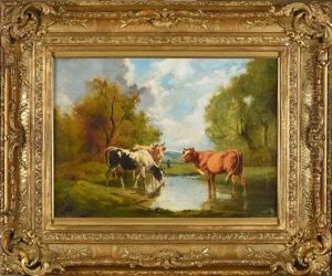 Vaches S'abreuvant Dans Une Mare by Theodore Levigne