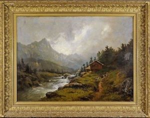 Chevres Et Paysanne Au Bord Du Torrent De Montagne