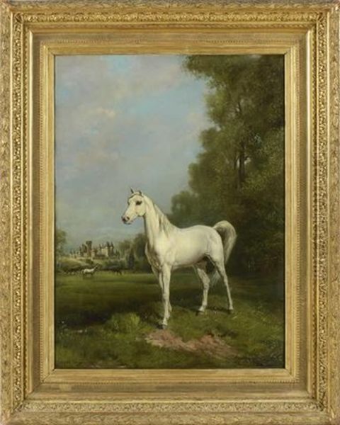 Portrait De Cheval Au Pre Devant Un Chateau - view 1
