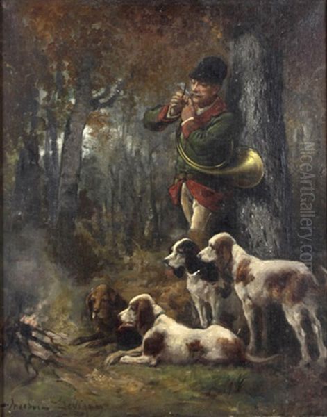 Jager Mit Horn Bei Der Rast, Vor Ihm Seine Hunde - view 1