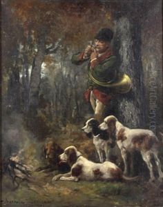 Jager Mit Horn Bei Der Rast, Vor Ihm Seine Hunde Jager Mit Horn Bei Der Rast, Vor Ihm Seine Hunde