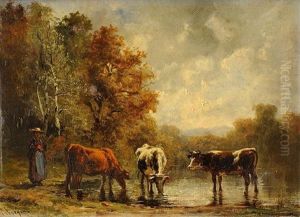 Paysanne Et Ses Vaches by Theodore Levigne
