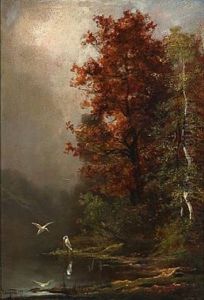 Autumn Forest Lake With Two Storks by Theodore Levigne