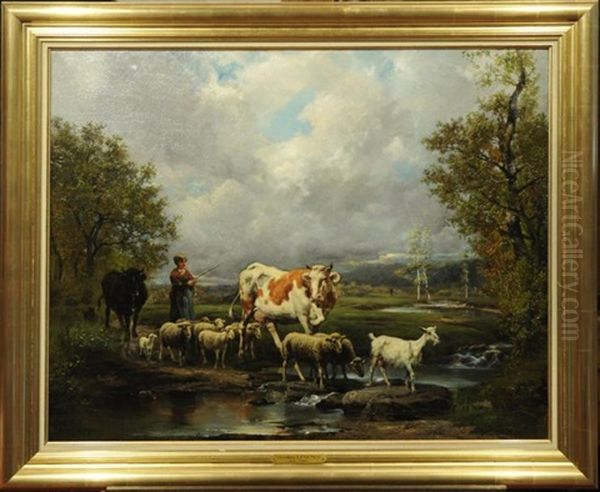 Le Passage Du Gue, Vache, Moutons Et Chevres - view 1