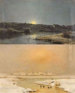 Coucher De Soleil (+ Paysage De Neige; 2 Works) by Theodore Levigne