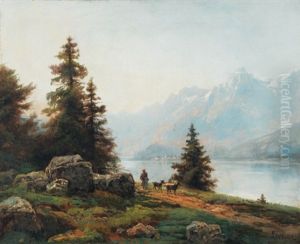 Schaferin Mit Ziegen Am Seeufer