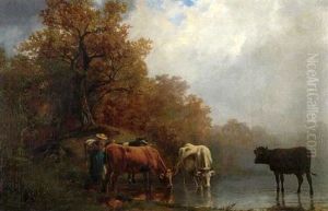 Vaches S'abreuvant A La Mare by Theodore Levigne