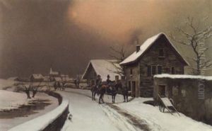 Deux Gendarmes A Cheval Conversant Avec Un Garde Forestier Dans Un Hameau Sous La Neige Deux Gendarmes A Cheval Conversant Avec Un Garde Forestier Dans Un Hameau Sous La Neige