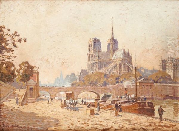 Quai De Paris Anime Sur Fond De Notre-dame - view 1