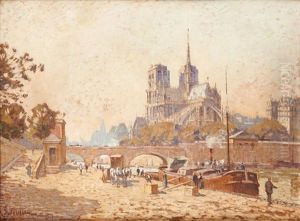 Quai De Paris Anime Sur Fond De Notre-dame by Sophus Theobald Levinsen