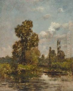 Fruhlingslandschaft Mit Flusslauf, Fischerboot, Gehoft Unter Baumen Und Weidendem Vieh Fruhlingslandschaft Mit Flusslauf, Fischerboot, Gehoft Unter Baumen Und Weidendem Vieh