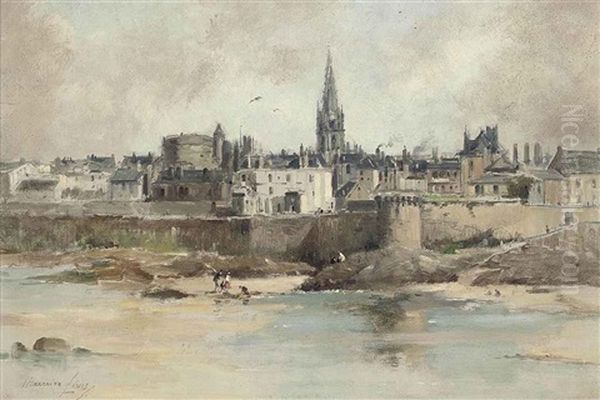 Figures Shrimping Before A French Town - view 1