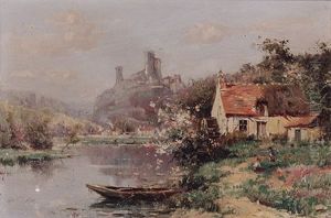 Flusslandschaft Im Fruhling Mit Alter Muhle, Bluhenden Buschen Und Malerischer Burgenansicht