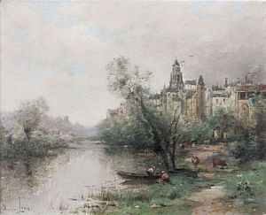 A Punt On The Seine, With A Town Beyond (+ On The Seine; Pair) by Maurice Levis